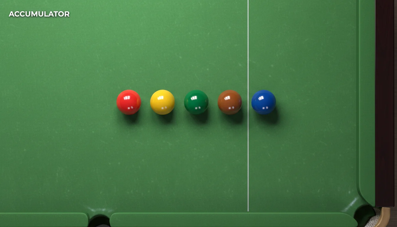 Accumulator wedden snooker — meerdere snookerballen in een rij op groen laken
