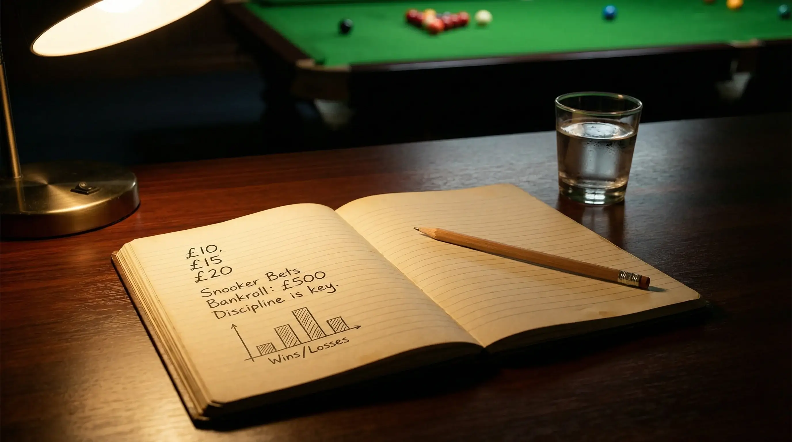 Notitieblok met een wedplan en potlood naast een snookertafel op de achtergrond