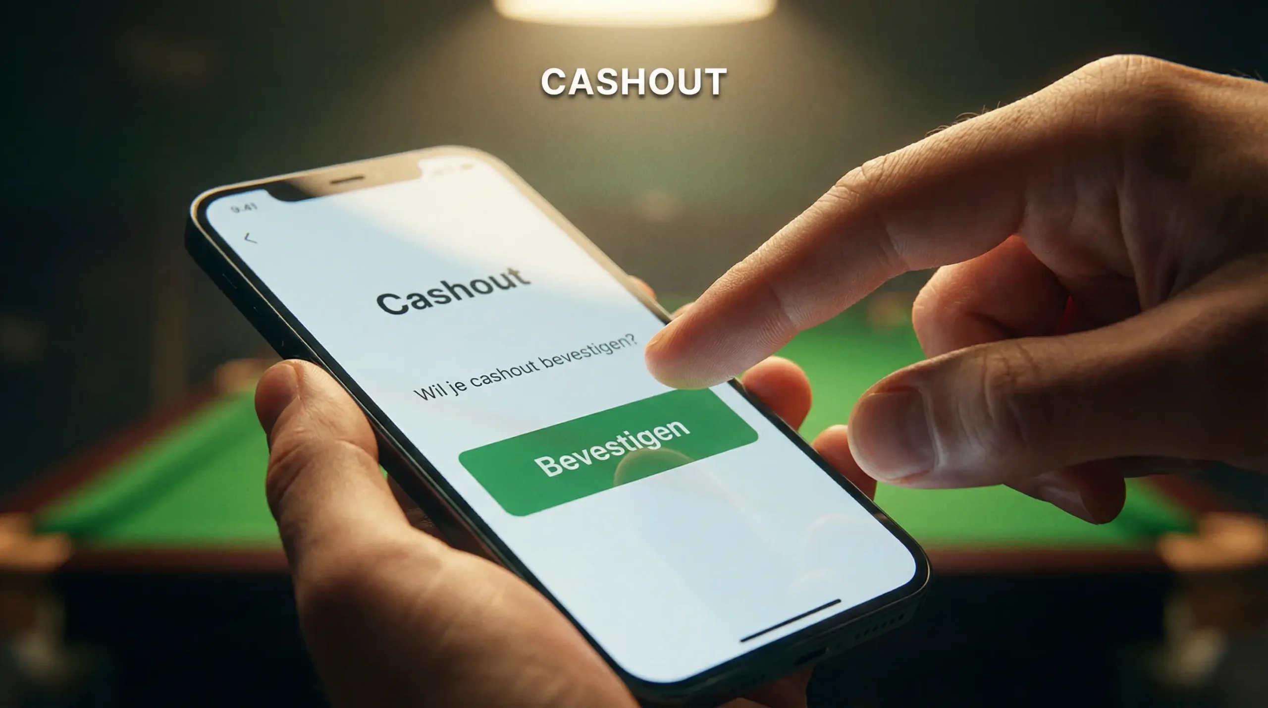 Cashout bij snooker wedden — hand boven een smartphone met een snookerpartij op de achtergrond