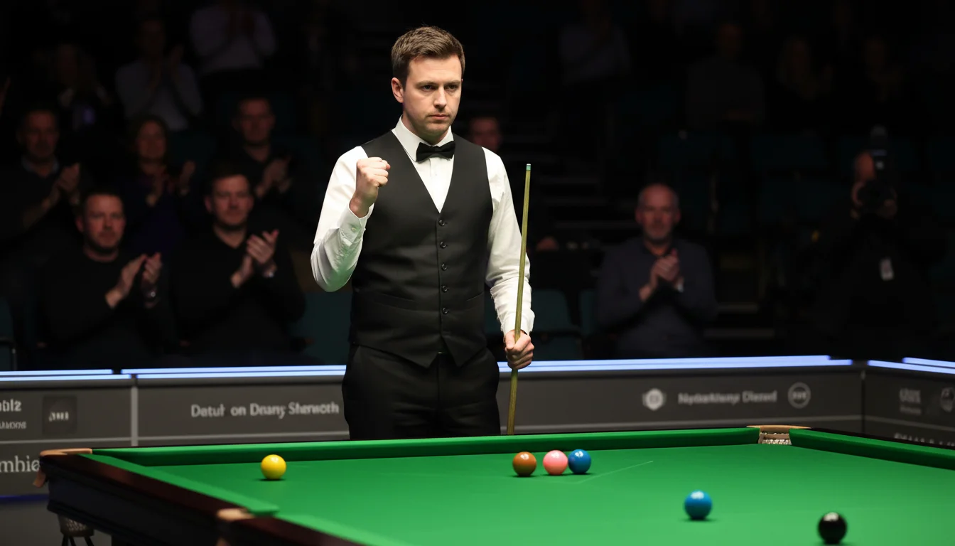 Snookerspeler viert een century break terwijl het publiek applaudisseert