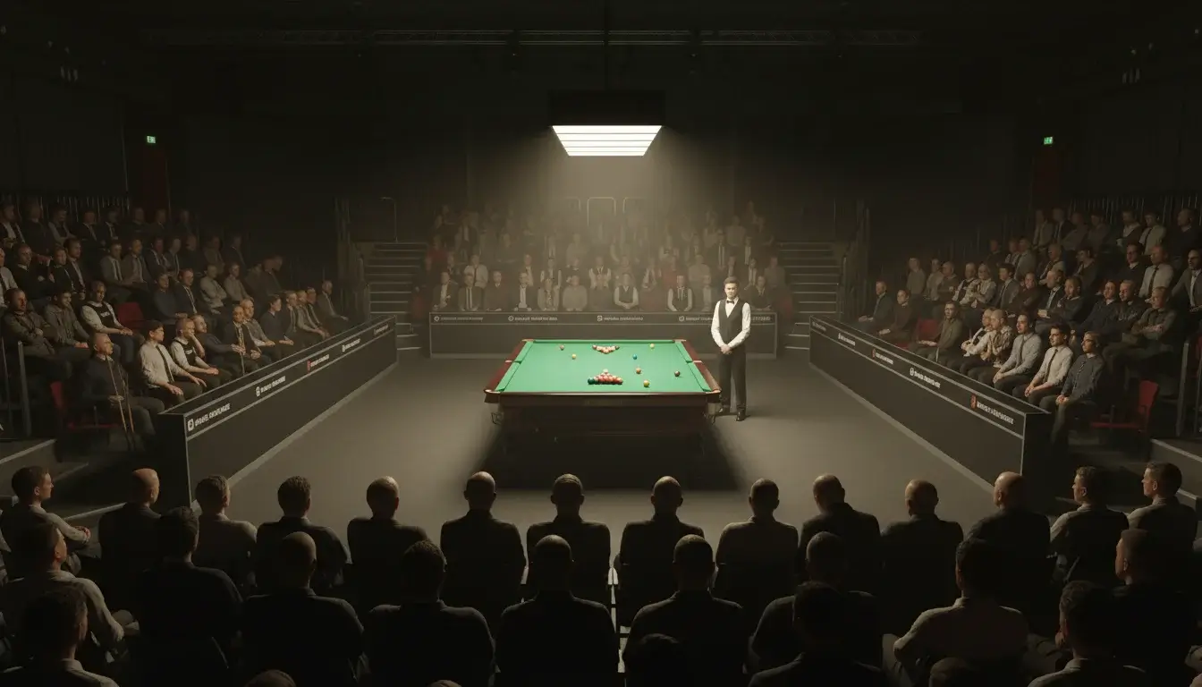Het Crucible Theatre in Sheffield tijdens het WK Snooker met volle tribunes en verlichte snookertafel