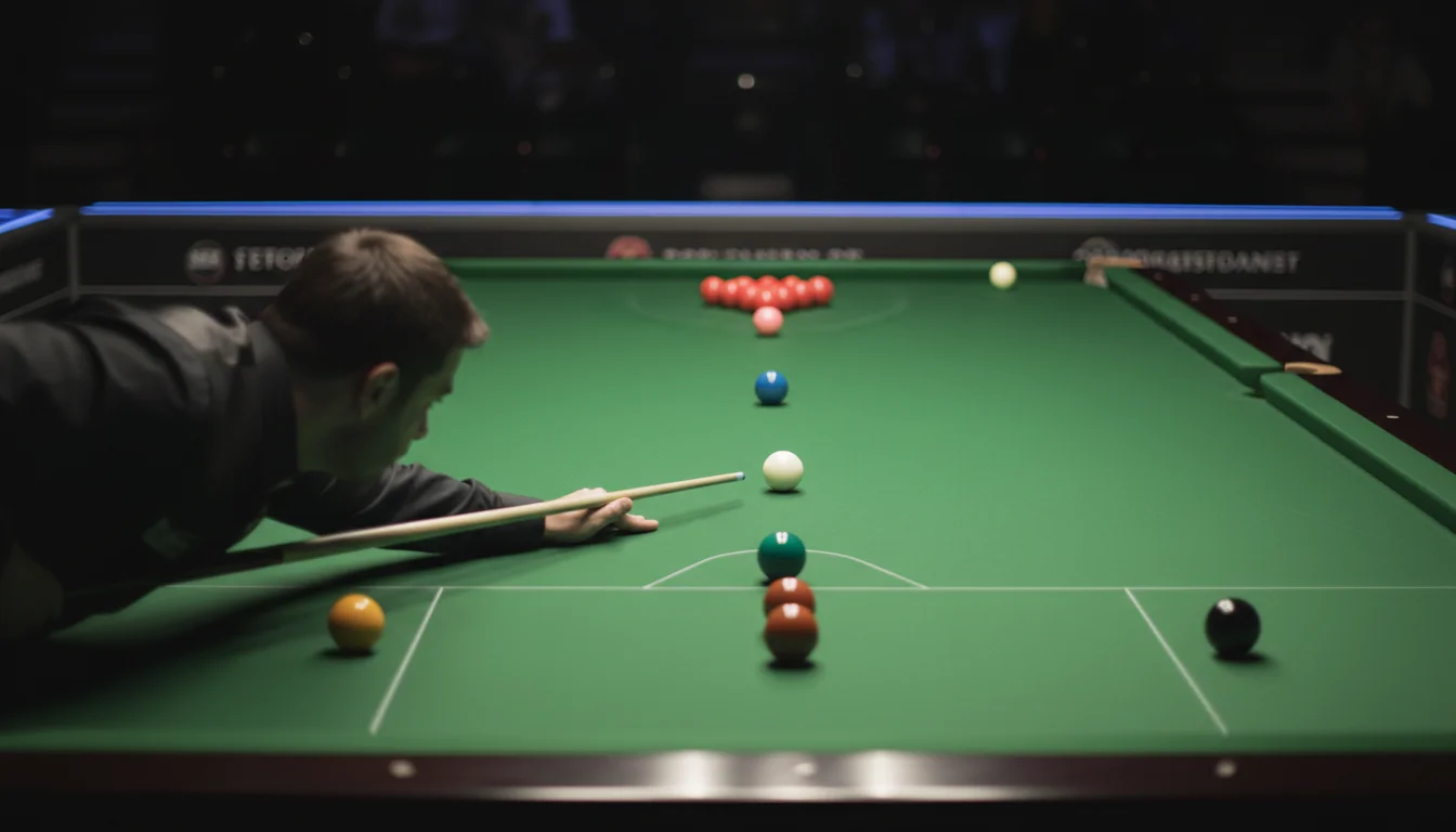 Snookerspeler speelt de openingsstoot bij het eerste frame van een wedstrijd