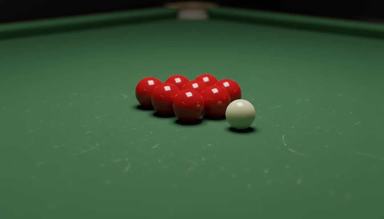 Close-up van een snookertafel tijdens een live frame met rode en gekleurde ballen