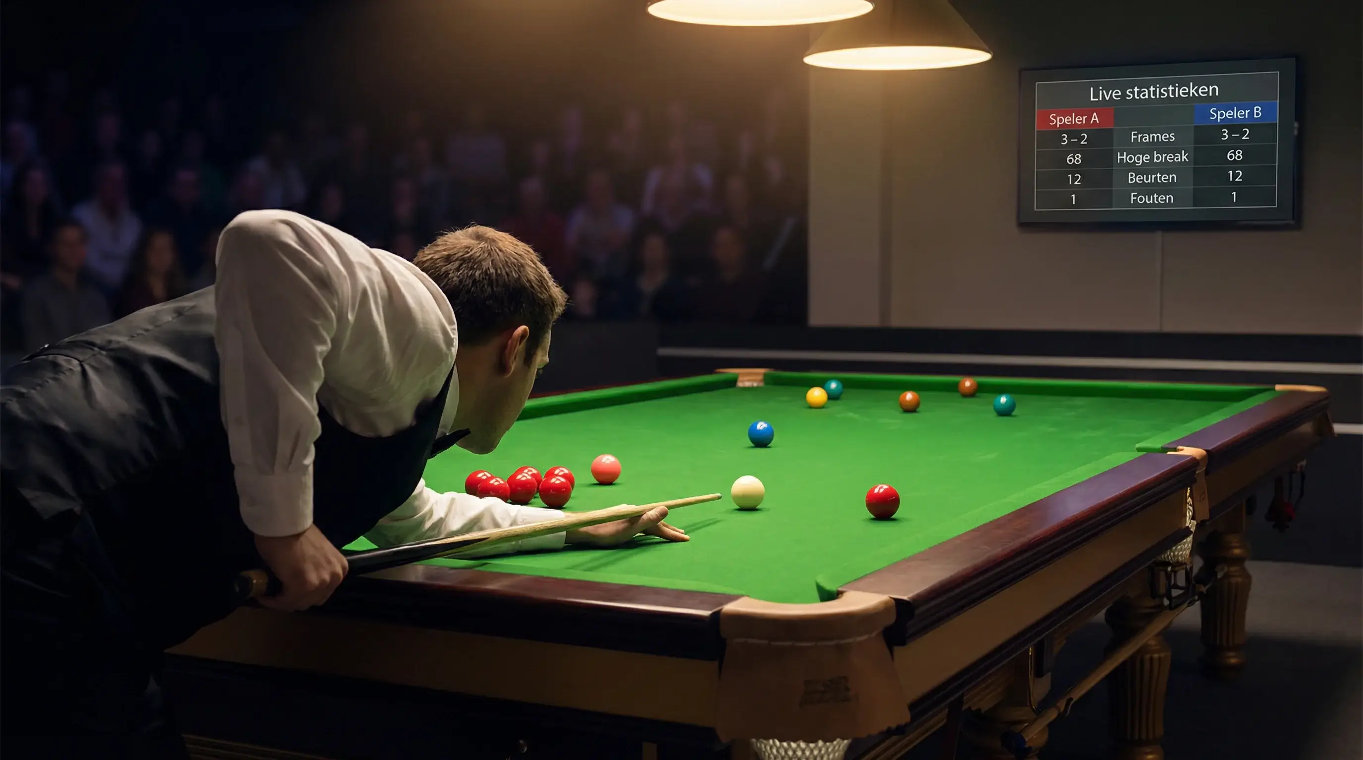Snookerspeler buigt over de tafel terwijl live wedden odds op een scherm worden getoond