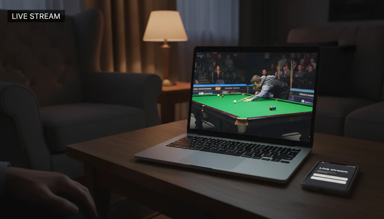 Snooker live stream en wedden — laptopscherm toont een snookerpartij in een huiskamer