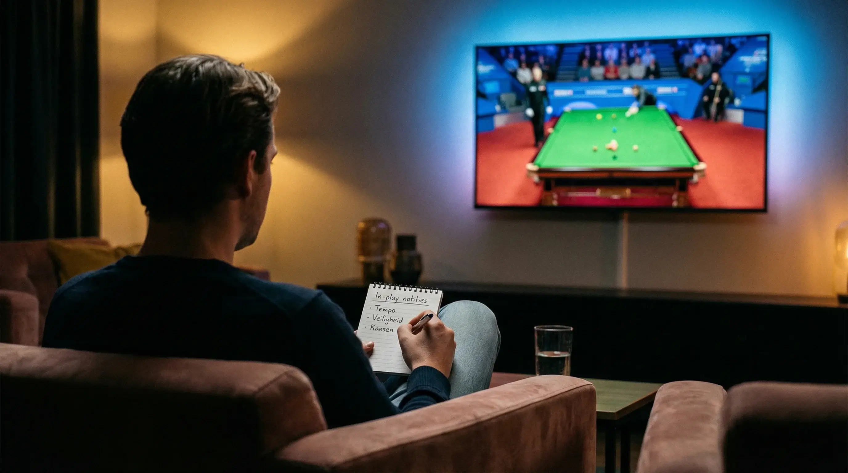 Geconcentreerde toeschouwer volgt een snookerwedstrijd op een groot scherm in een wedkantoor