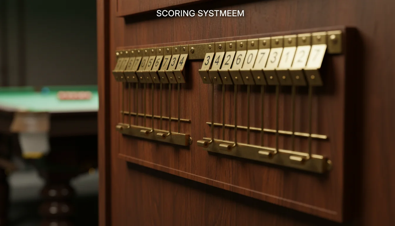Snooker scoring systeem — scorebord naast een snookertafel tijdens een partij