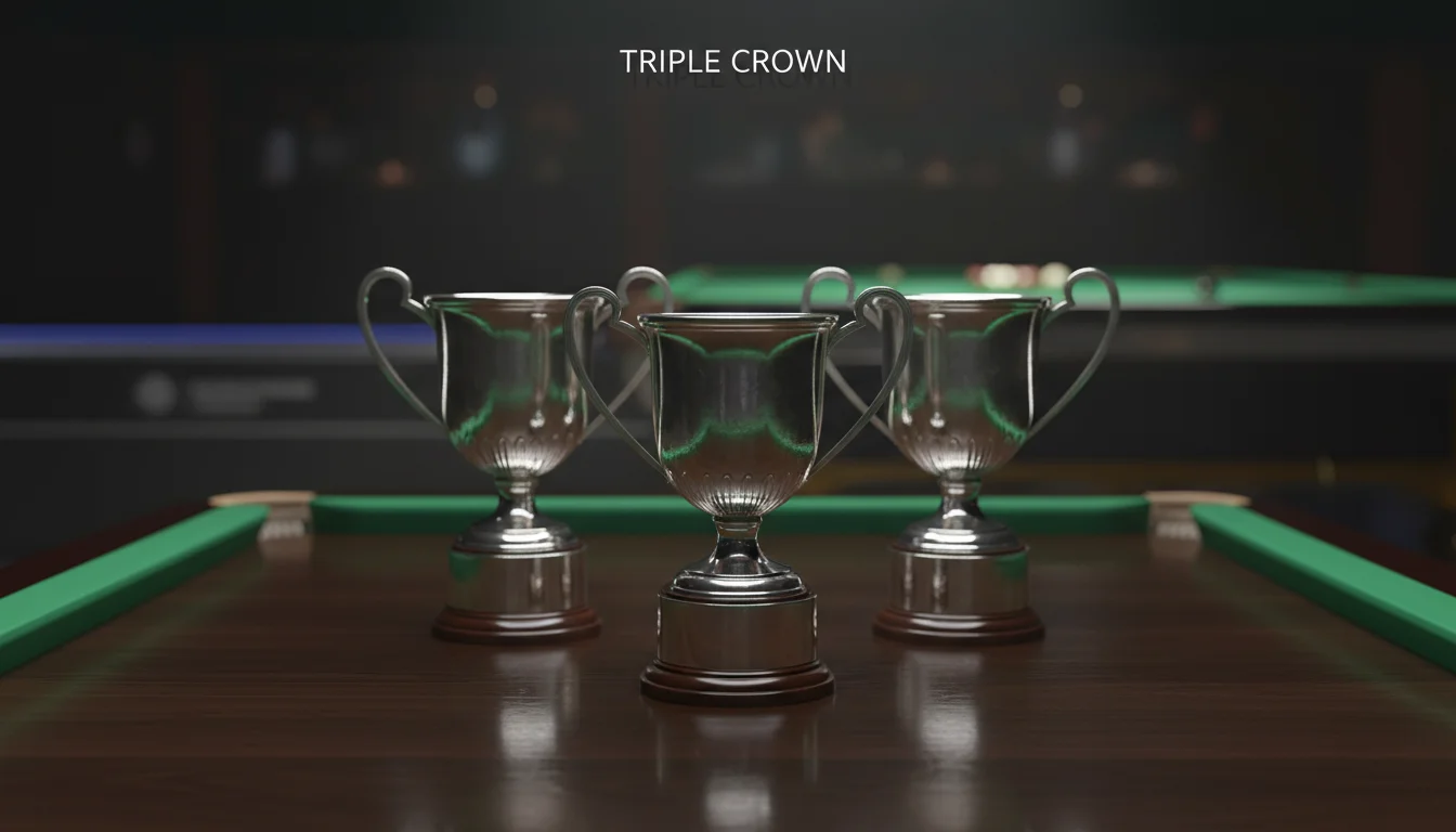 Snooker Triple Crown wedden — drie trofeeën naast een snookertafel met groen laken