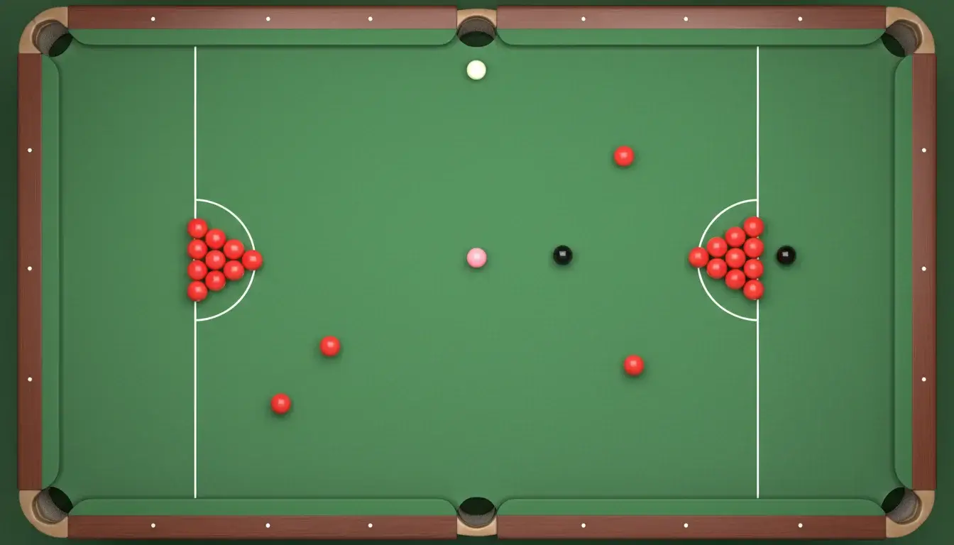 Bovenaanzicht van een snookertafel met kleurrijke ballen in speelpositie tijdens een ranking event