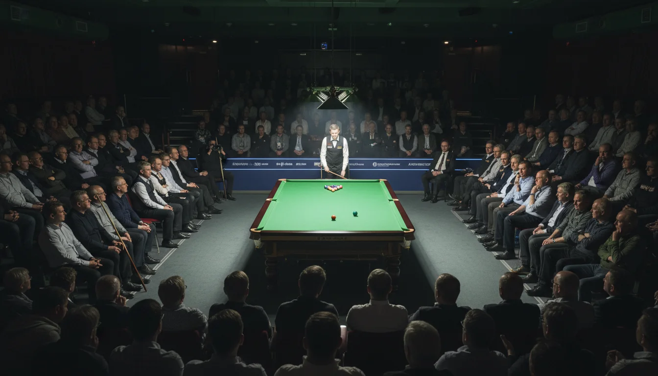 Het Crucible Theatre in Sheffield tijdens het WK Snooker met publiek en snookertafel